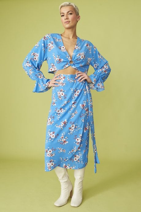 Blue Floral Print Cropped Top Co-ord