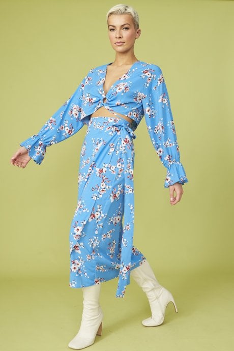 Blue Floral Print Wrap Skirt Co-ord