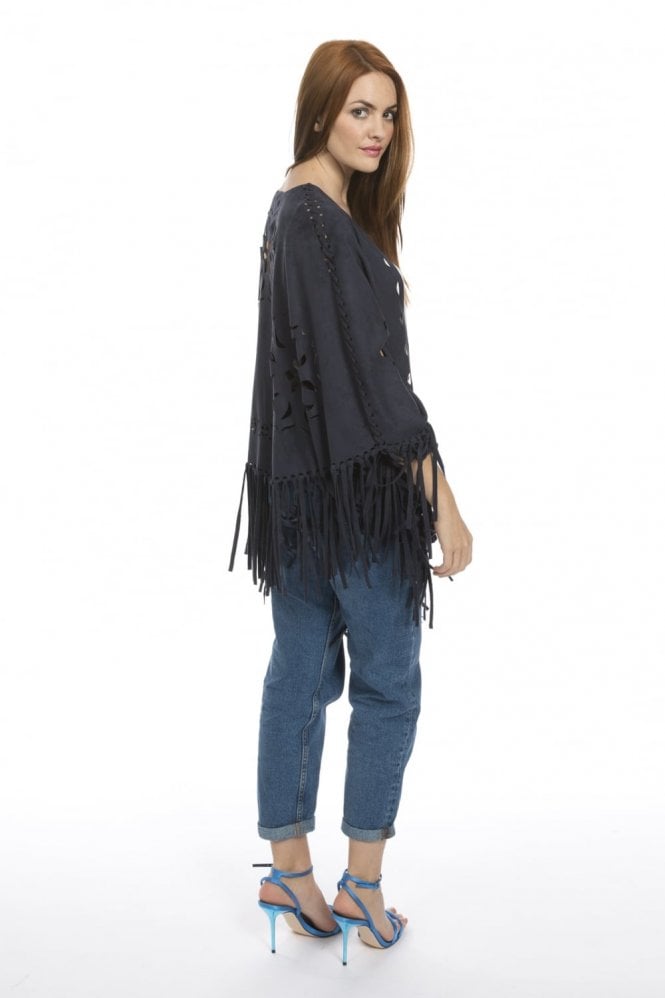 JAYLEY Blue Fringed Faux Suede Cape