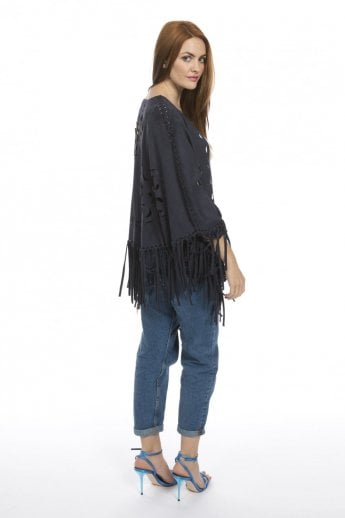 Blue Fringed Faux Suede Cape