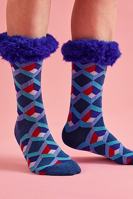 Blue Geometric Print Socks with Faux Fur Cuffs