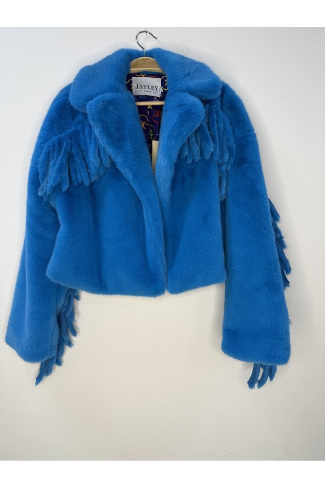 JAYLEY Blue Hand Cut Tassels Bamboo Lyocell Blend Eco Faux Fur Cropped Jacket