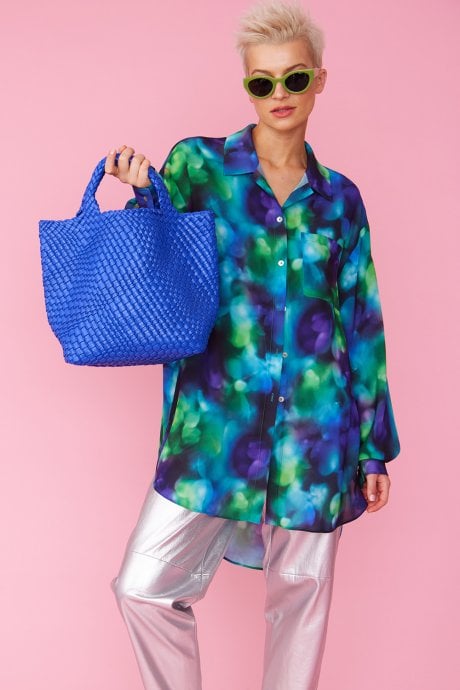 Blue Hand Knitted Leather Tote Bag with Matching Purse