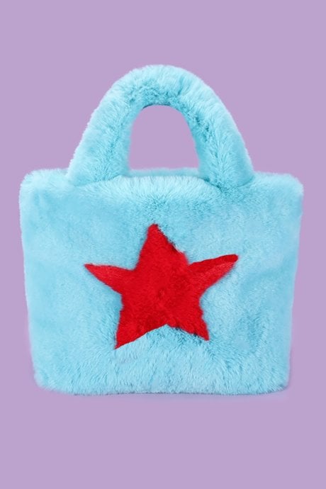 Blue Hand Made Faux Fur Tote Bag with Star Design
