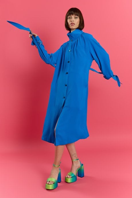 Blue Hemp Lyocell Blend Turtleneck Trench Dress 