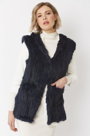 Blue Hooded Long Coney Fur Gilet