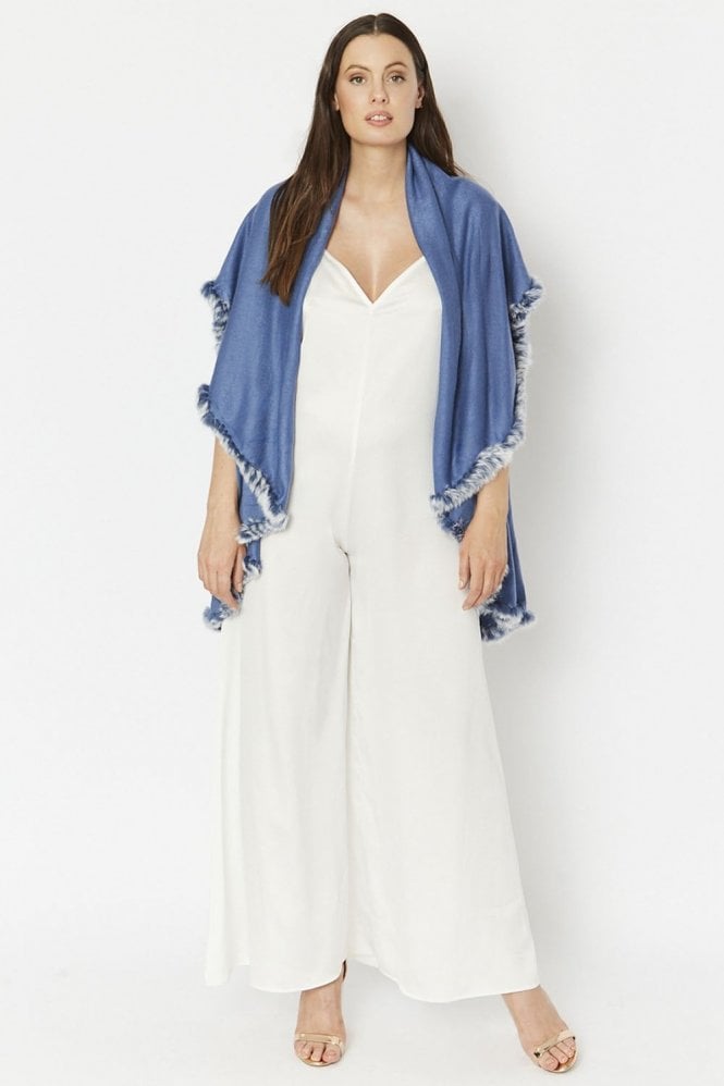 JAYLEY Blue Knitted Cape with Coney Fur Trim
