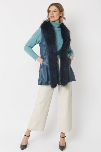 Blue Leather Gilet with Detachable Fox Fur Collar