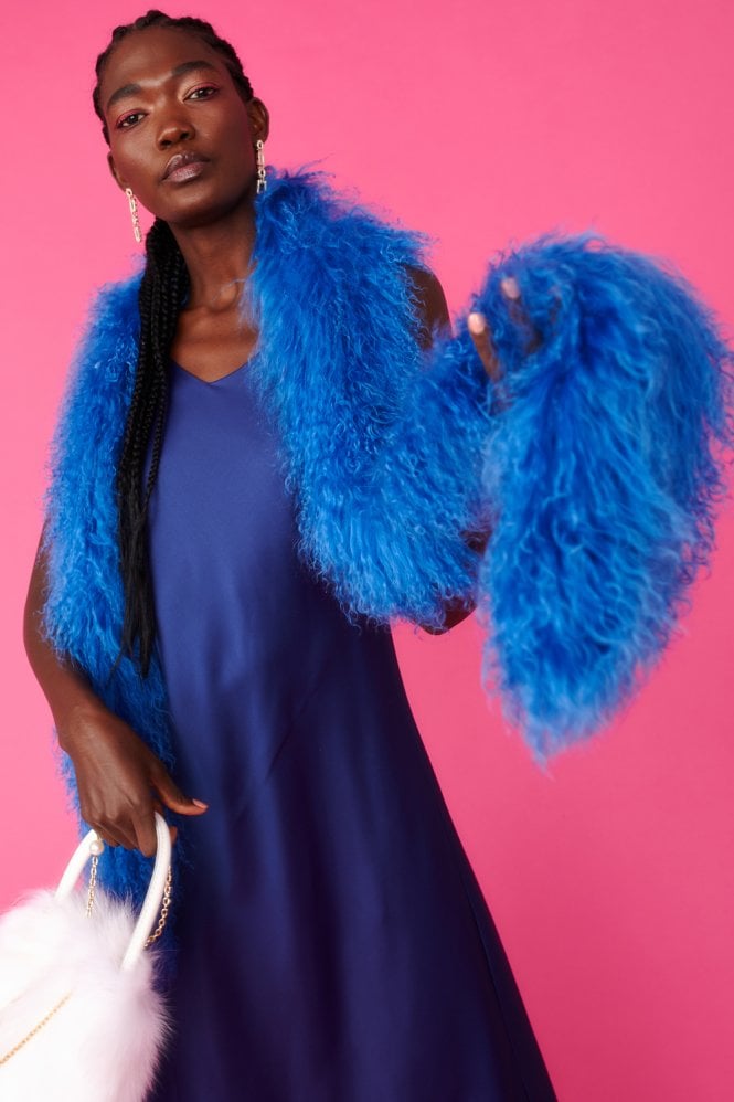 JAYLEY Blue Long Mongolian Fur Scarf
