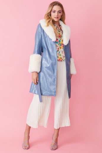 Blue Luxury Faux Leather Aubrey Coat With Detachable Faux Fur Cuffs & Collar