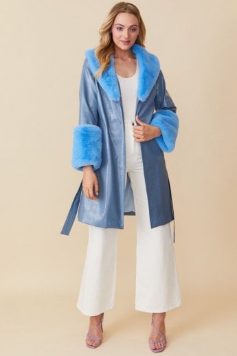 Blue Luxury Faux Leather Aubrey Coat With Detachable Faux Fur Cuffs & Collar