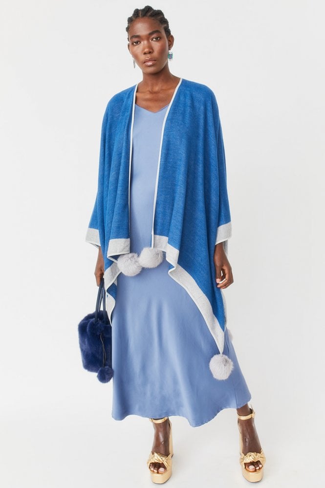 JAYLEY Blue Luxury Reversible Cashmere Blend Pom Pom Wrap