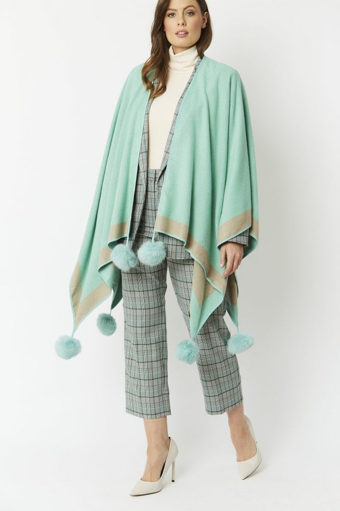 JAYLEY Blue Luxury Reversible Cashmere Blend Pom Pom Wrap