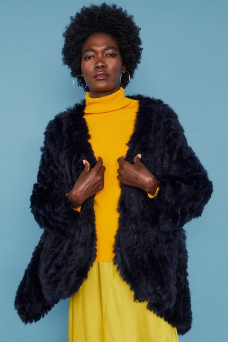 Blue Mid Length Asymmetrical Coney Fur Jacket