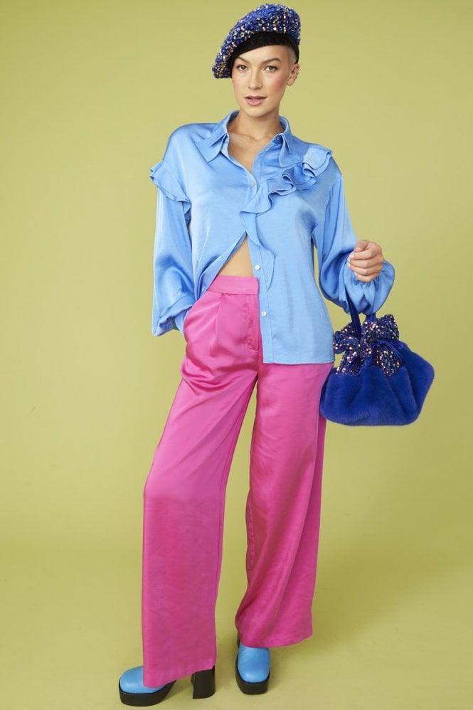 JAYLEY Blue Rayon Blend Ruffle Blouse