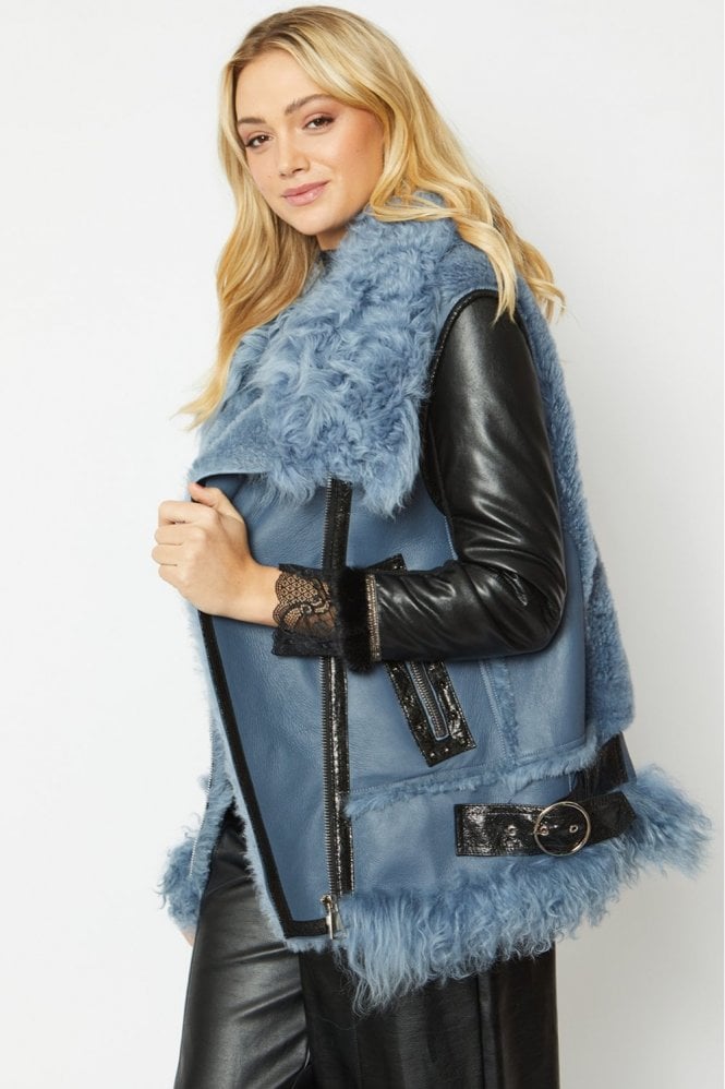 JAYLEY Blue Shearling & Leather Gilet