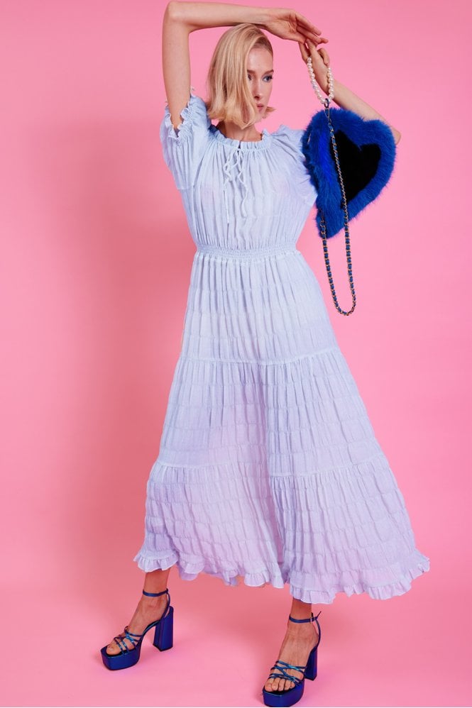 JAYLEY Blue Silk Blend Maxi Ruffle Dress