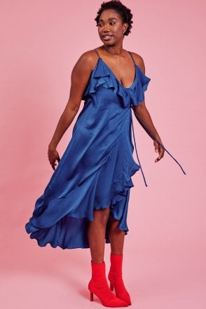 Blue Silk Blend Maxi Ruffle Dress
