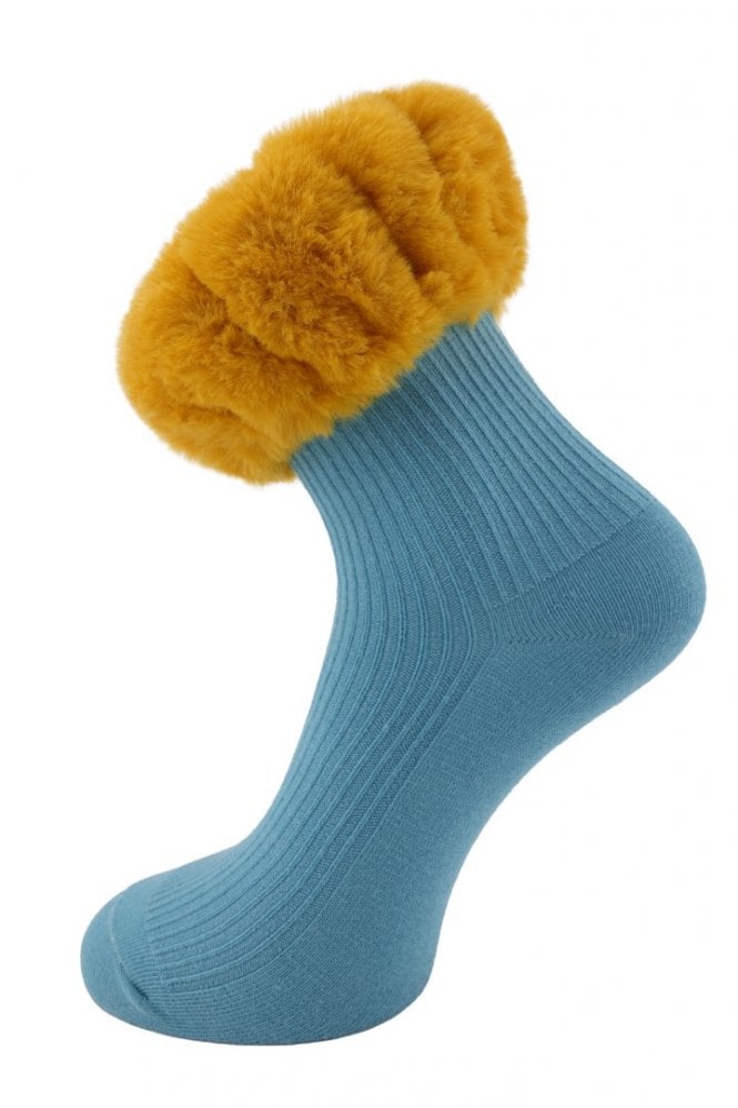 JAYLEY Blue Socks with Yellow Faux Fur Trim