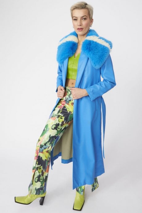 Blue Tencel Blend Eco Leather Trench Coat