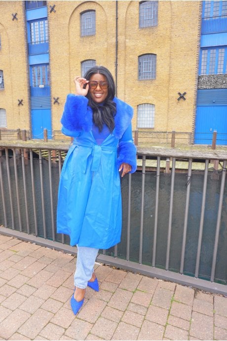 Blue Trench Style Belted Coat with Faux Fur Cuffs and Collar
