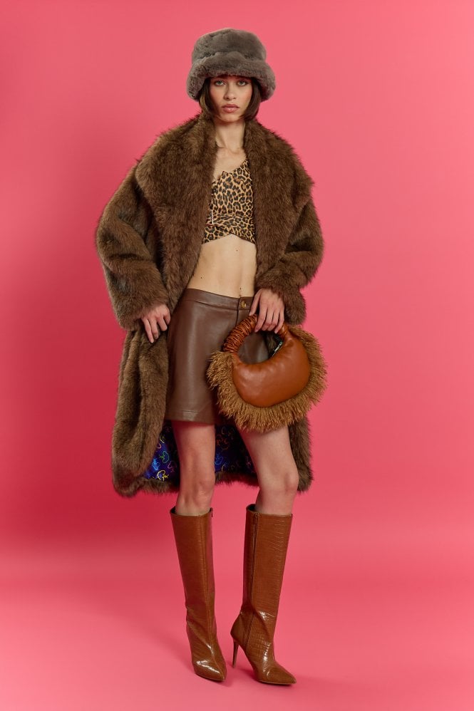JAYLEY Brown Bamboo Blend Oversized Faux Fur Coat