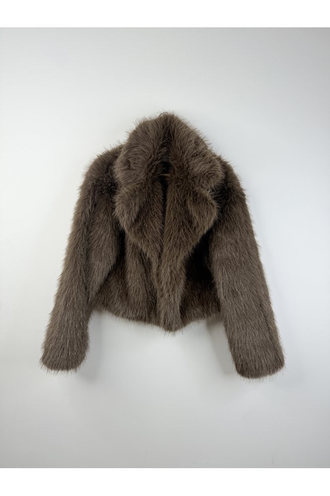 JAYLEY Brown Bamboo Sparkle Faux Fur Jacket
