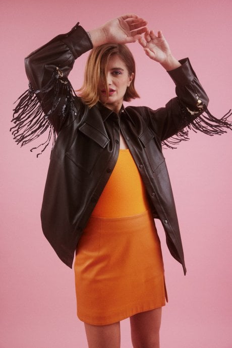 Brown Chocolate Eco Faux Leather Oversized Tassels Shirt Jacket