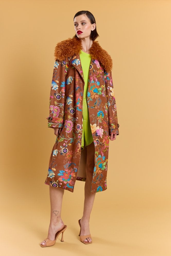 JAYLEY Brown Faux Suede Embroidery Effect Trench Coat  
