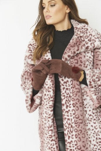 Brown Faux Suede Gloves With Faux Fur Pom