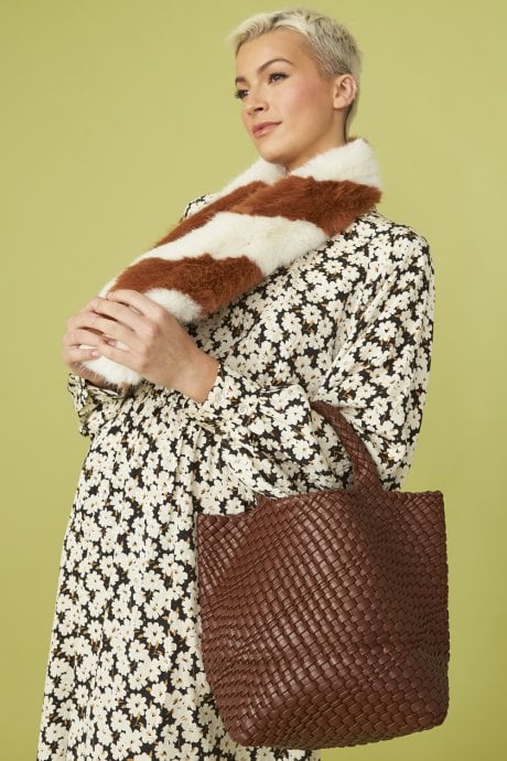 Brown Hand Knitted Leather Tote Bag with Matching Purse