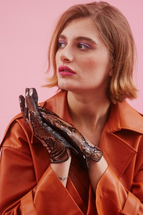 Brown Luxe Leather Snake Print Gloves