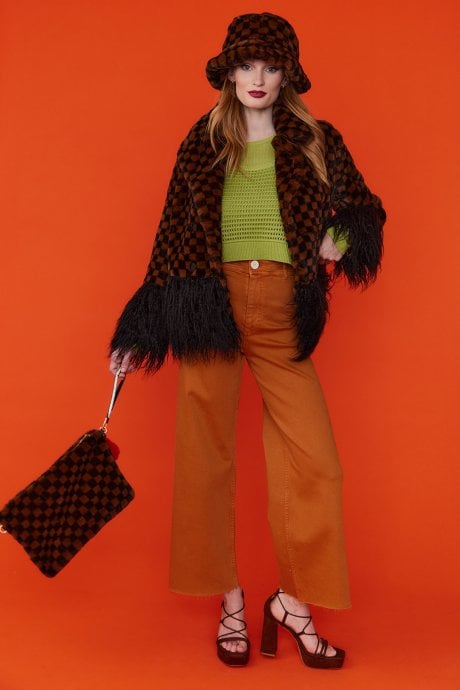 Brown Luxury Checkered Faux Fur Bag