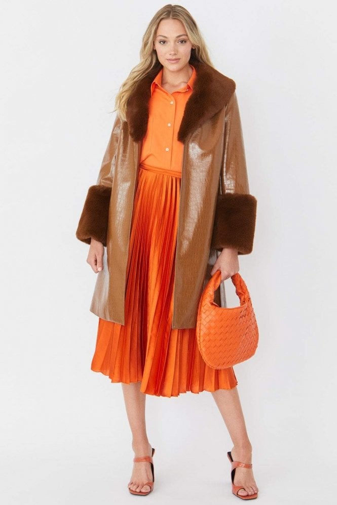JAYLEY Brown Luxury Faux Leather Aubrey Coat With Detachable Faux Fur Cuffs & Collar