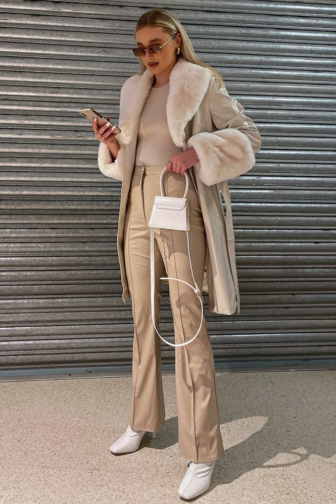 JAYLEY Brown Luxury Faux Leather Aubrey Coat With Detachable Faux Fur Cuffs & Collar