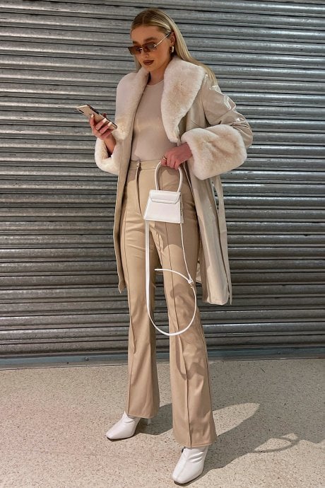 Brown Luxury Faux Leather Aubrey Coat With Detachable Faux Fur Cuffs & Collar
