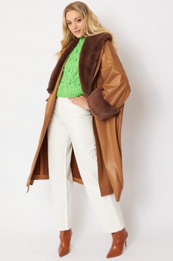 Brown Oversized Faux Suede Jacket With Detachable Faux Fur Cuffs & Collar