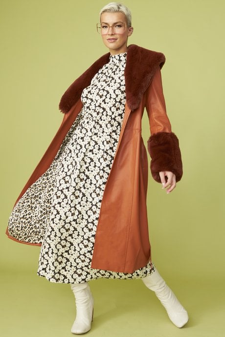 Brown Trench Style Belted Coat with Faux Fur Cuffs and Collar