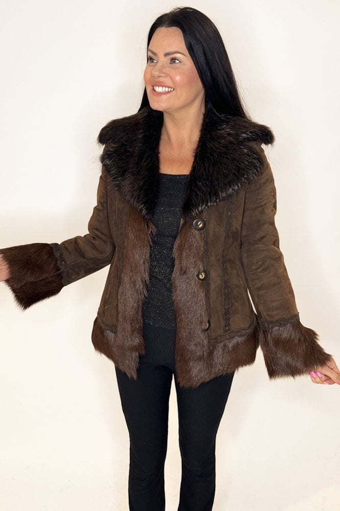 JAYLEY Green White Fox & Leather Coat in Emerald Green