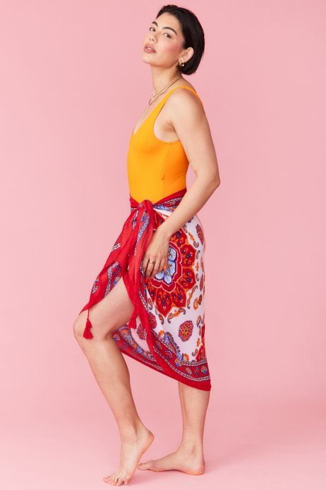 Cashmere and Silk Blend Oriental Print Tassel Sarong