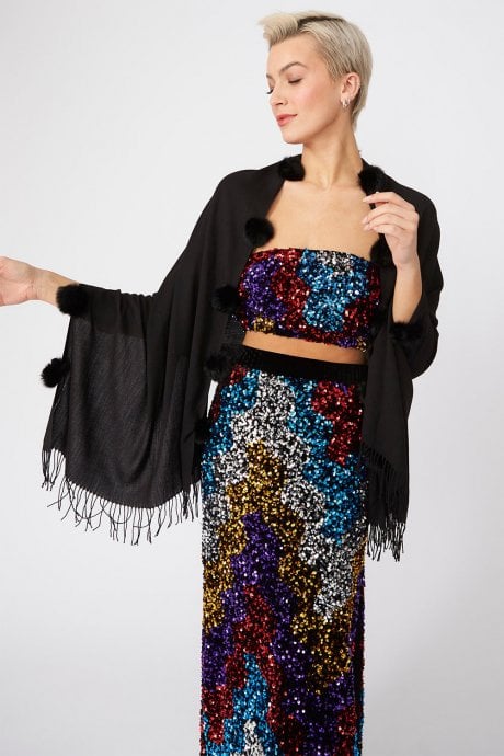 Cashmere and Silk Blend Wrap with Coney Fur Pom Poms