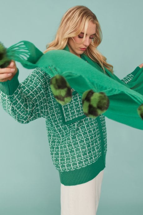Cashmere blend wrap with green checkered poms
