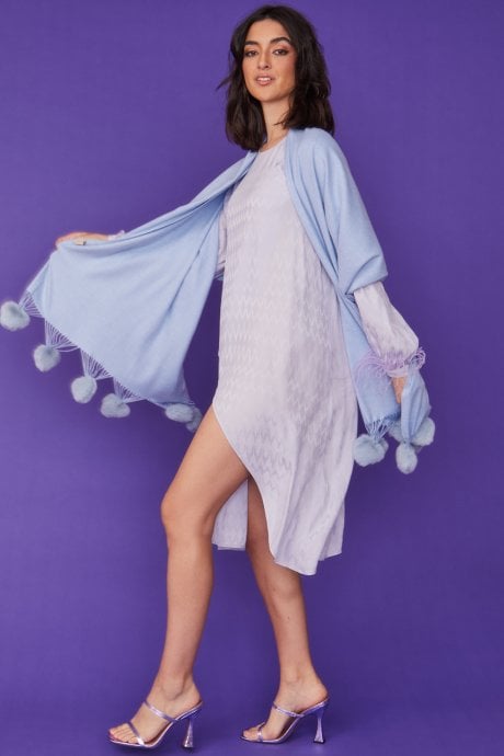 Cashmere blend wrap with love heart poms in baby blue