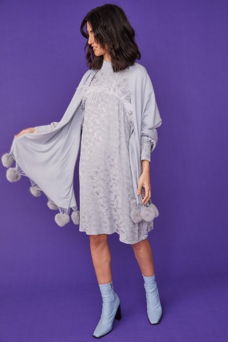 Cashmere blend wrap with love heart poms in grey