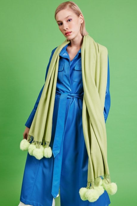 Cashmere blend wrap with love heart poms in Pear Green