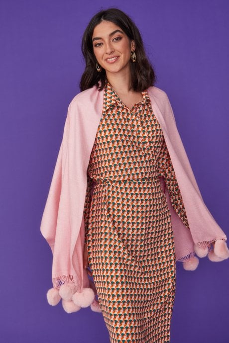 Cashmere blend wrap with love heart poms in Pink