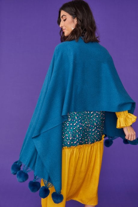 Cashmere blend wrap with love heart poms in Teal