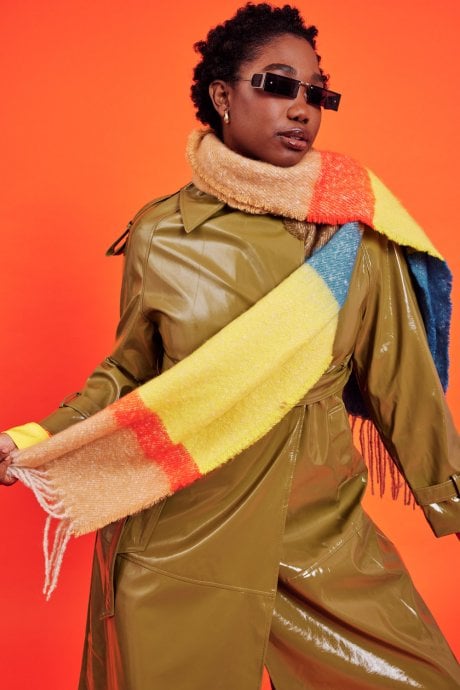 Cashmere Oversized Striped Scarf in Yellow and Blue