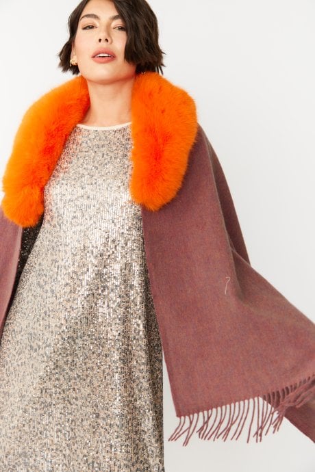 Cashmere Wrap with Faux Fur Trim and Tassels