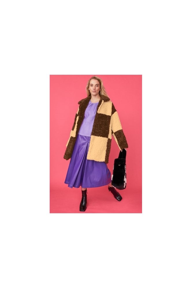 JAYLEY Checkered Brown Faux Shearling Oversized Coat